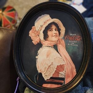 vintage 1972 Coca-Cola oval metal serving tray, a reproduction of a 1914